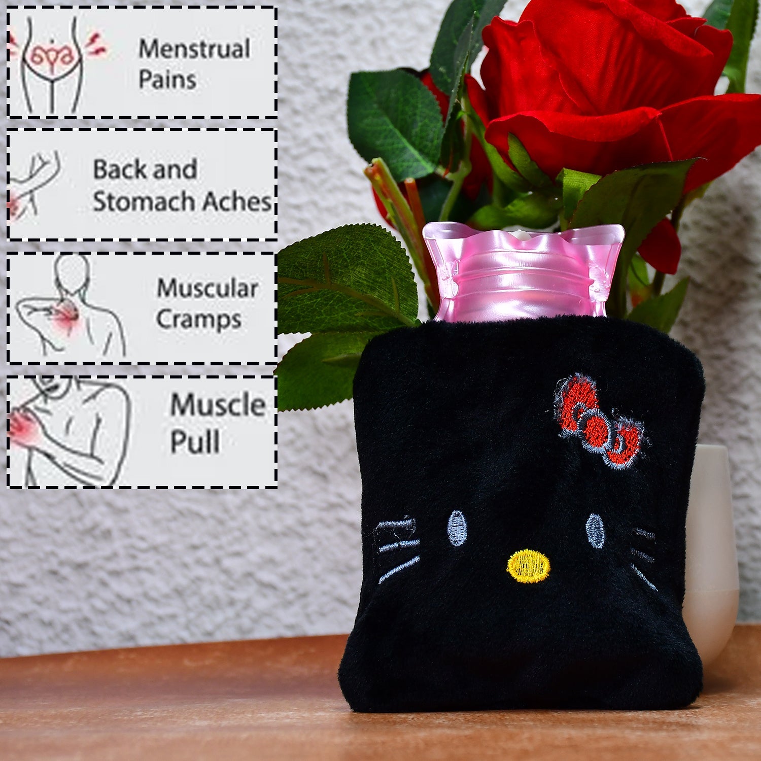 6513 Black Hello Kitty small Hot Water Bag with Cover for Pain Relief, Neck, Shoulder Pain and Hand, Feet Warmer, Menstrual Cramps. DeoDap 6513 Black Hello Kitty small Hot Water Bag with Cover for Pain Relief, Neck, Shoulder Pain and Hand, Feet Warmer, Menstrual Cramps. DeoDap